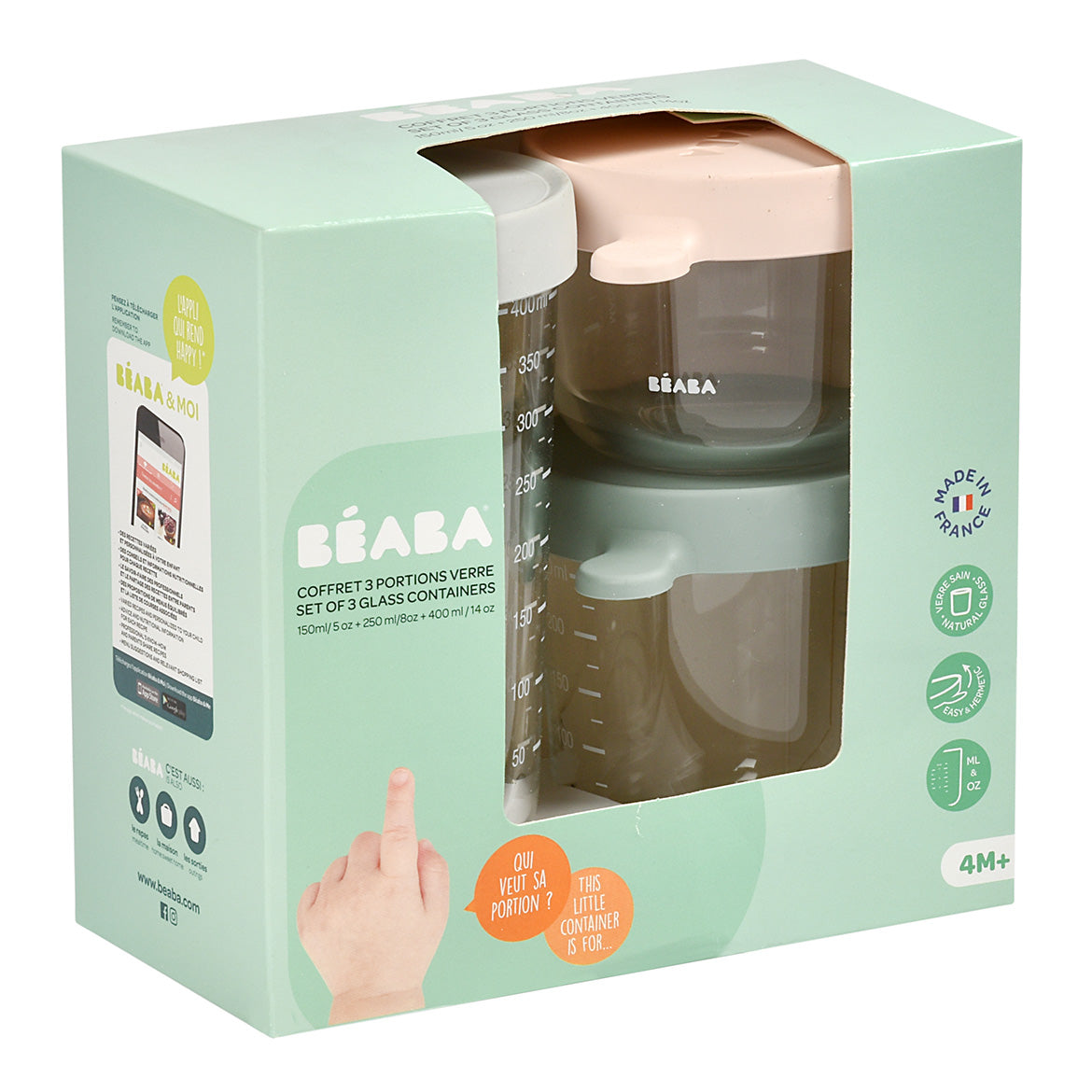 bewaarpotjes set, green/grey/pink, 150/250/400 ML - BEABA