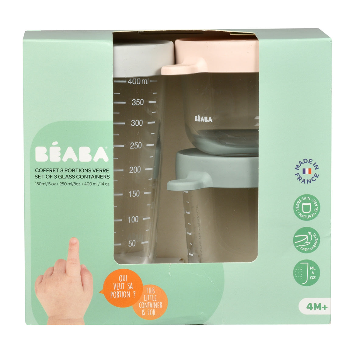 bewaarpotjes set, green/grey/pink, 150/250/400 ML - BEABA