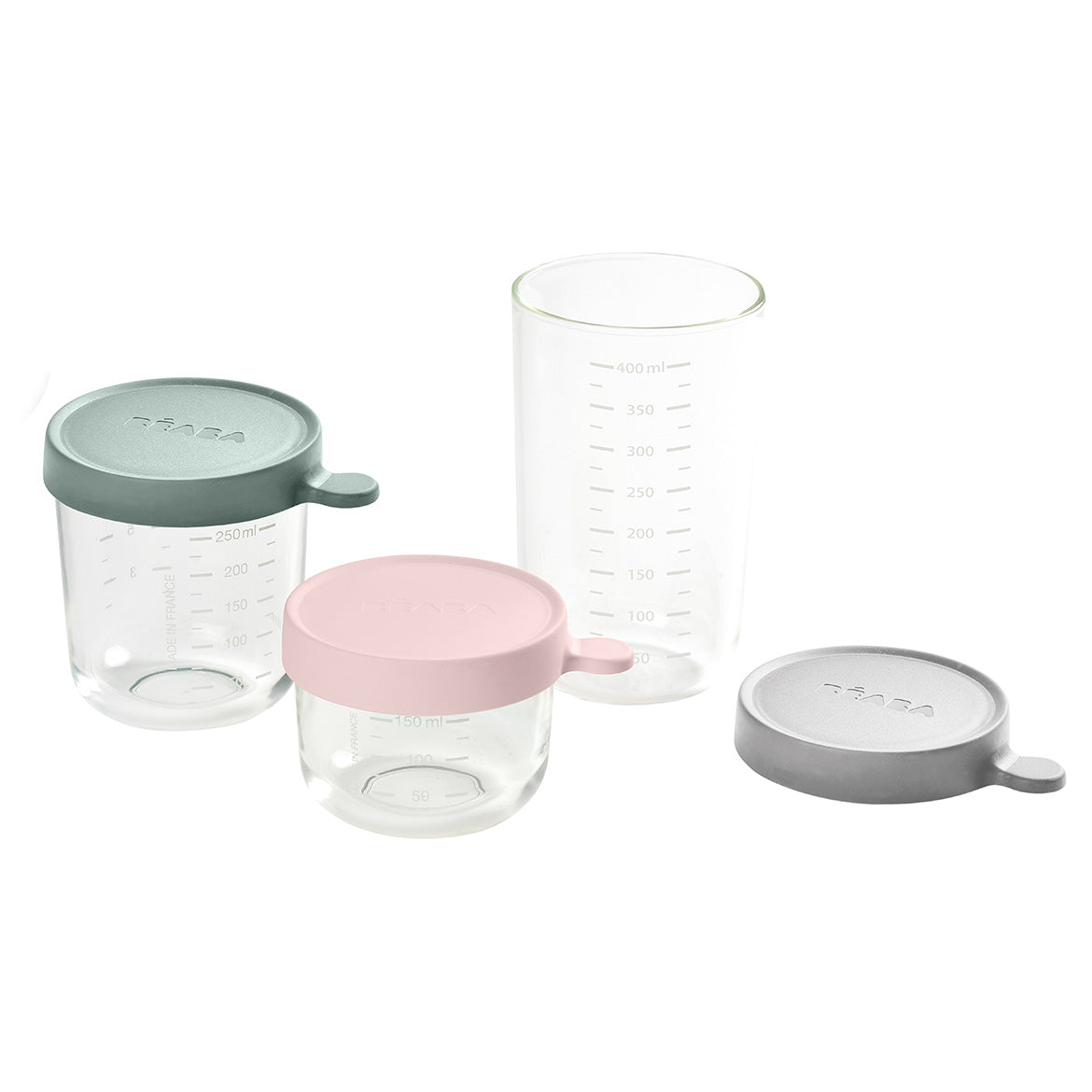 bewaarpotjes set, green/grey/pink, 150/250/400 ML - BEABA