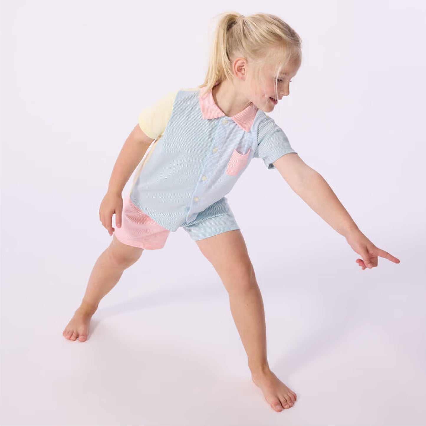 kinderpyjama katoen strepen met kraag, blauw/geel - PETIT BATEAU