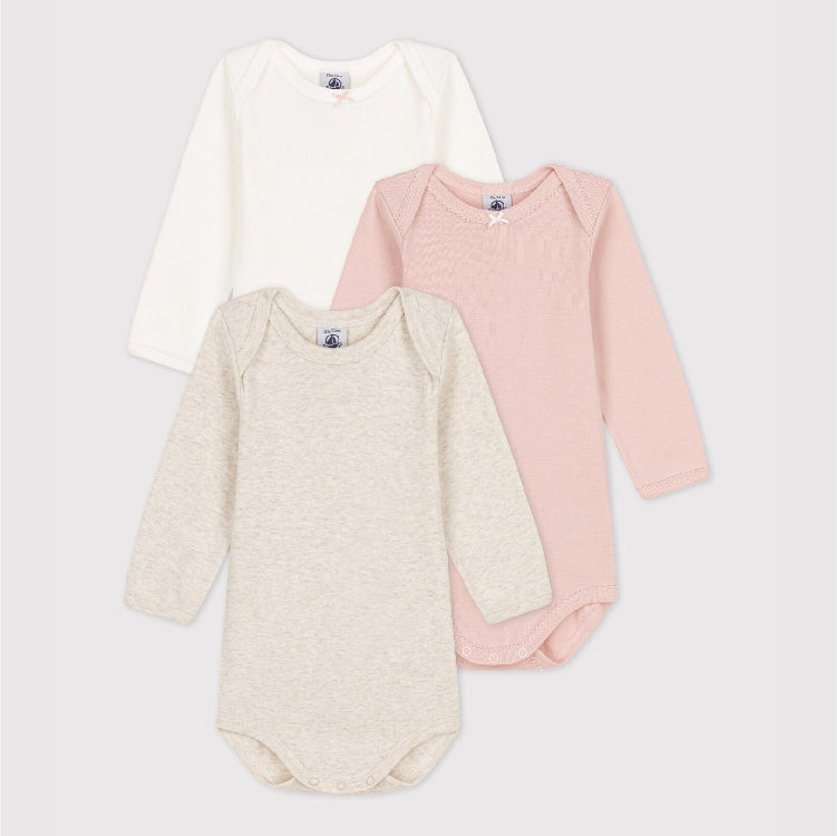 body lange mouw, 3-pack, wit/roze/beige - PETIT BATEAU