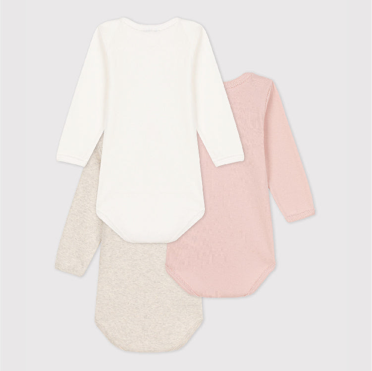 body lange mouw, 3-pack, wit/roze/beige - PETIT BATEAU