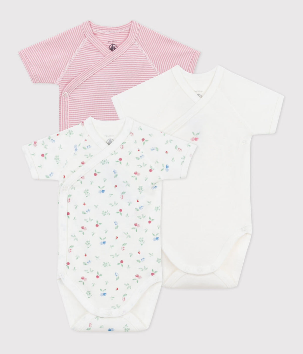 body korte mouw, 3-pack, roze/bes- PETIT BATEAU