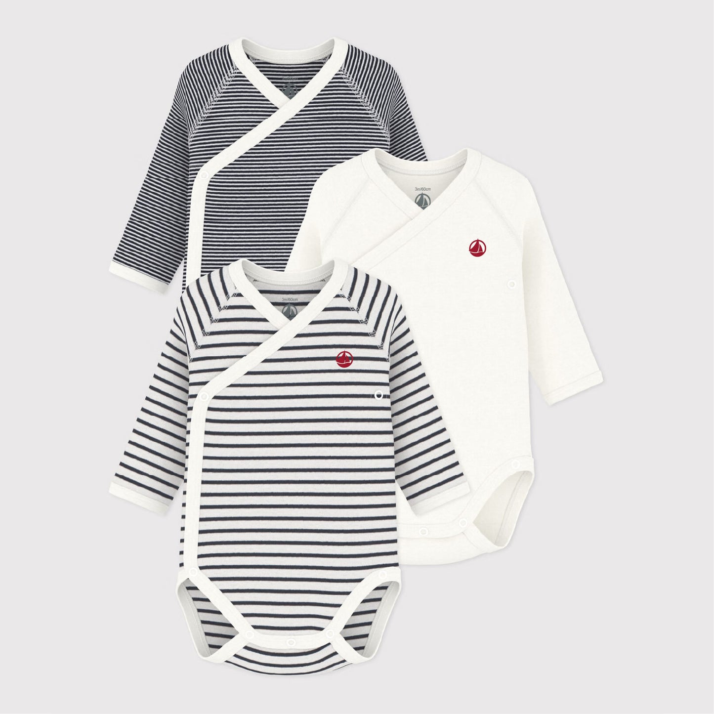 body lange mouw, 3-pack, wit/gestreept - PETIT BATEAU