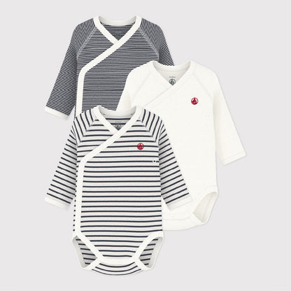 body lange mouw, 3-pack, wit/gestreept - PETIT BATEAU