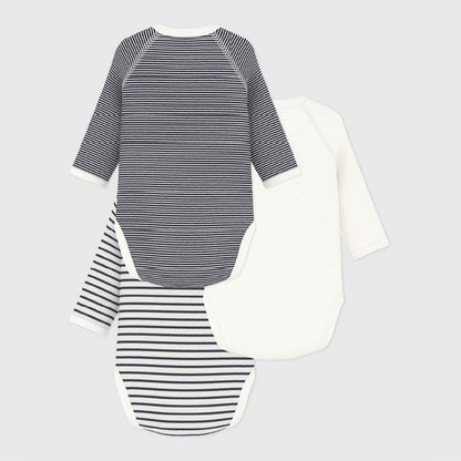 body lange mouw, 3-pack, wit/gestreept - PETIT BATEAU