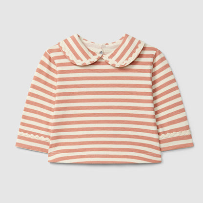 t-shirt lange mouw stripe + kraagje, dark pink - SNUG