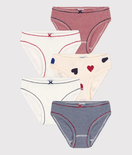 slips, 5-pack, wit/gestreept/hartjes - PETIT BATEAU