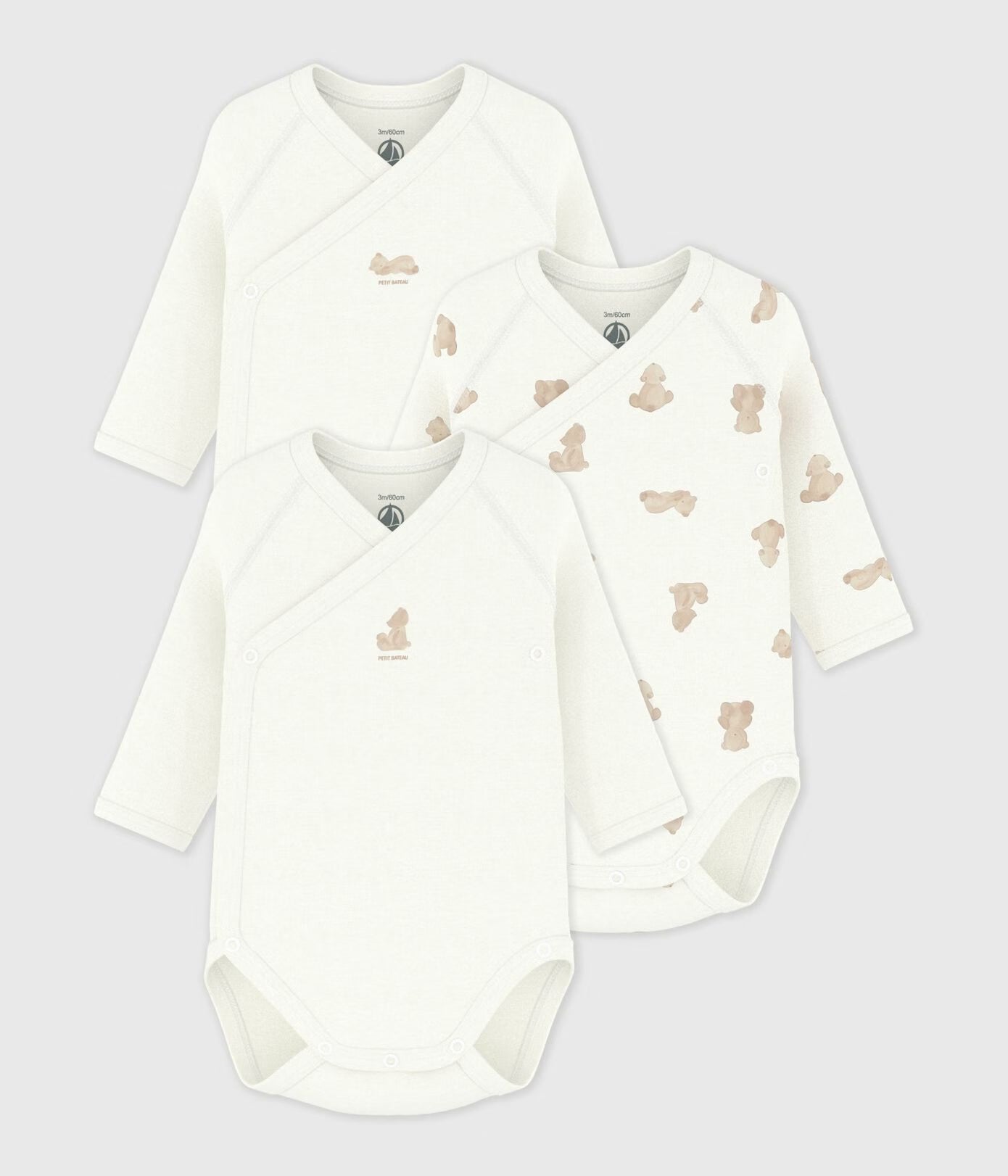 body lange mouw, 3-pack, beertjes - PETIT BATEAU
