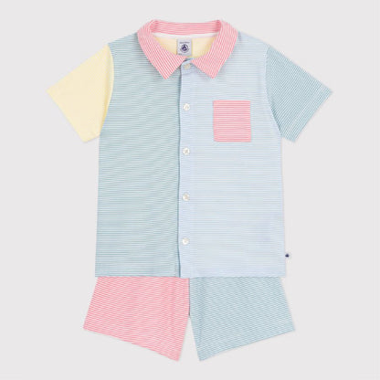kinderpyjama katoen strepen met kraag, blauw/geel - PETIT BATEAU