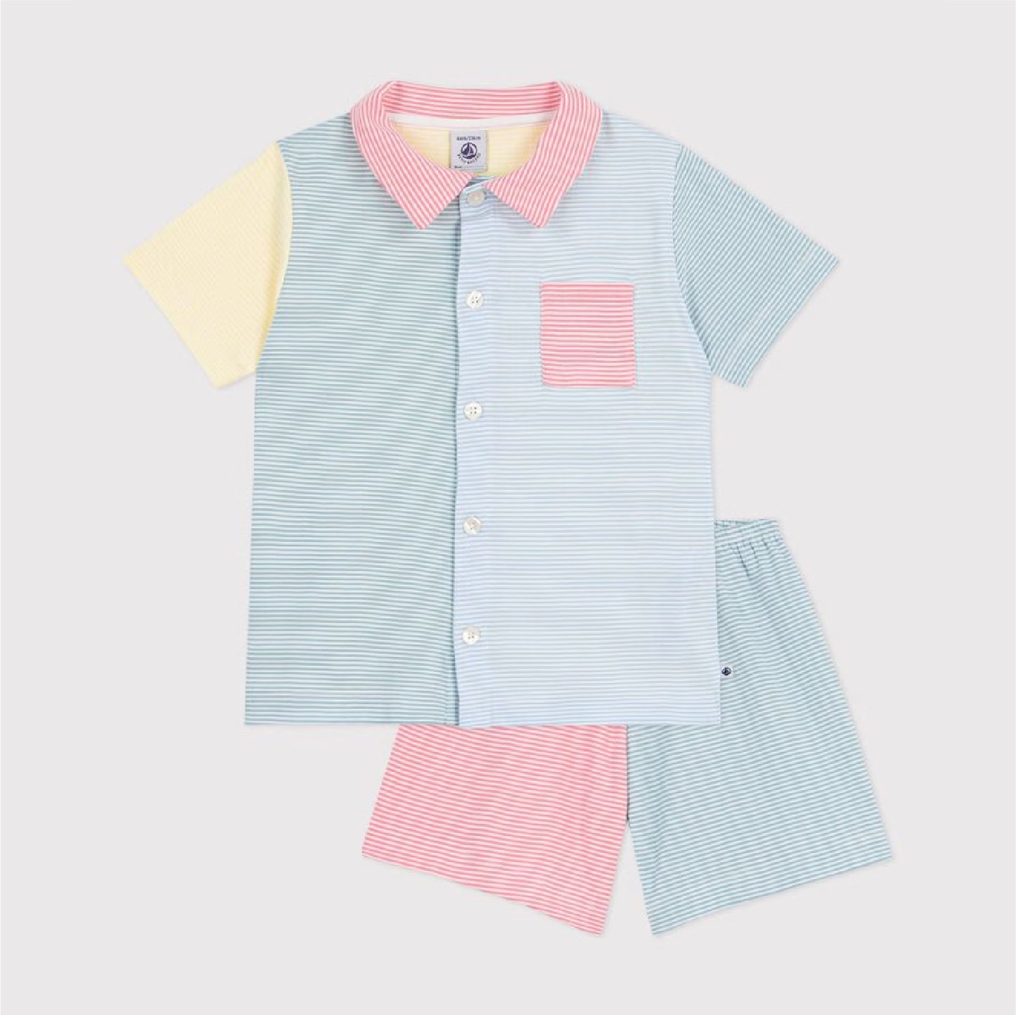 kinderpyjama katoen strepen met kraag, blauw/geel - PETIT BATEAU