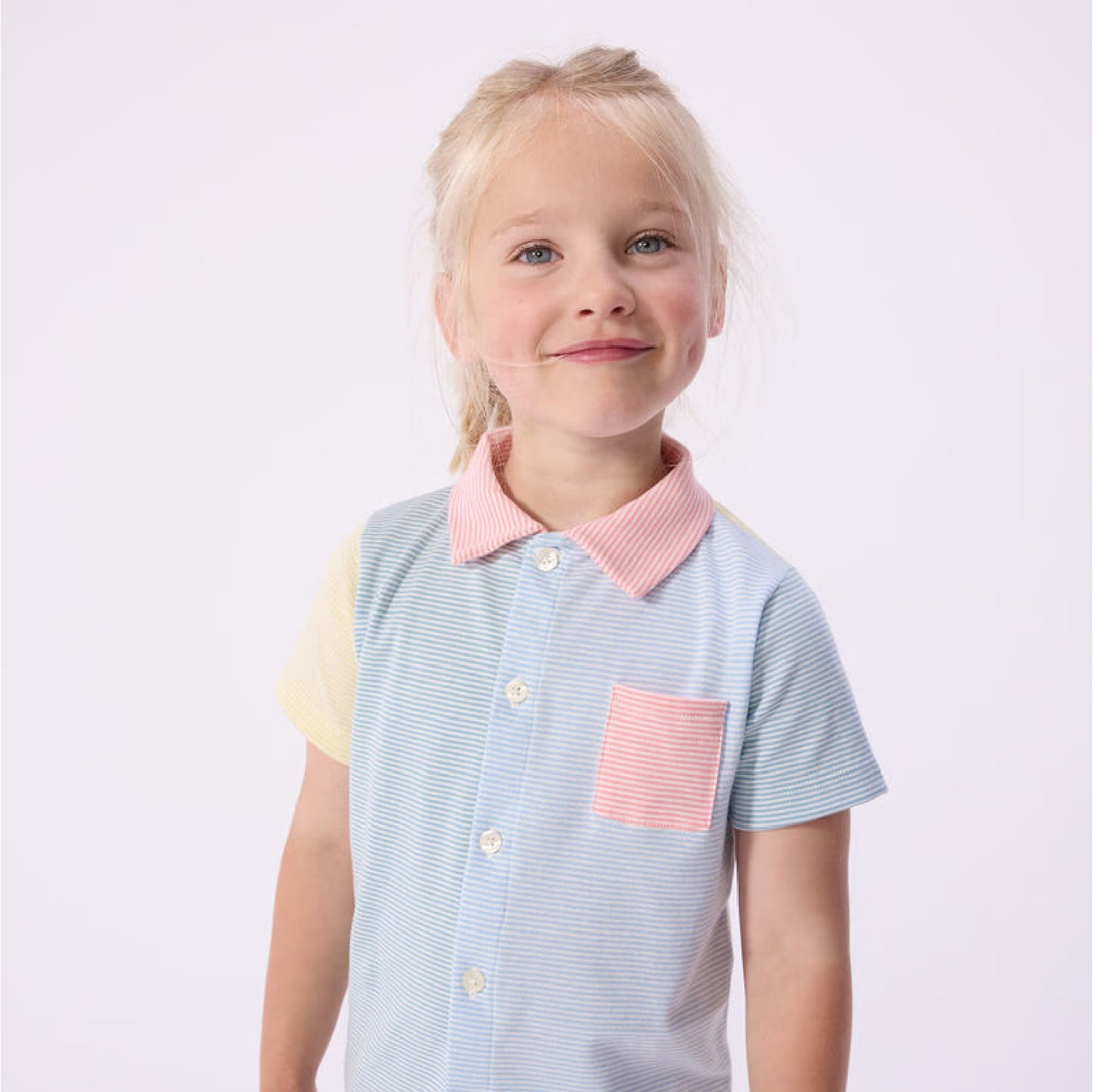 kinderpyjama katoen strepen met kraag, blauw/geel - PETIT BATEAU