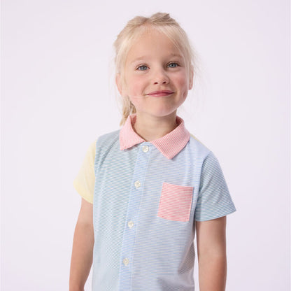kinderpyjama katoen strepen met kraag, blauw/geel - PETIT BATEAU
