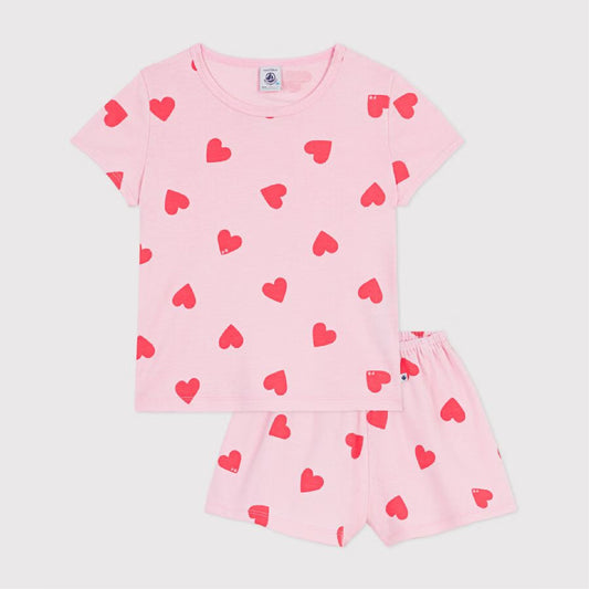 kinderpyjama katoen roze, rode hartjes - PETIT BATEAU