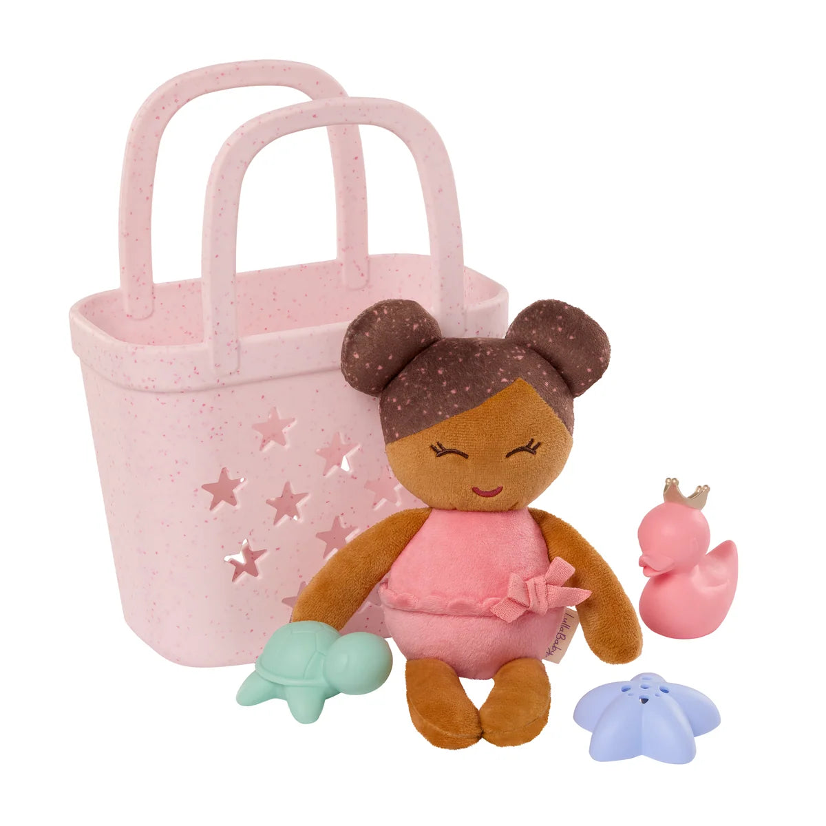 badpop meisje in mand + acc., bruin haar - LULLABABY