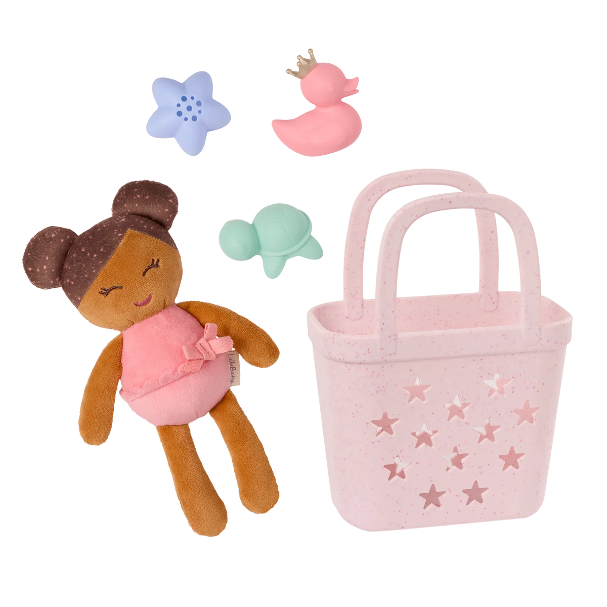 badpop meisje in mand + acc., bruin haar - LULLABABY