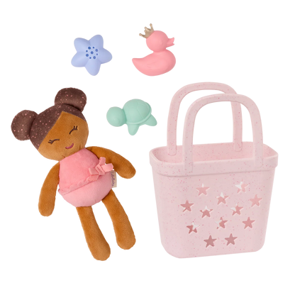 badpop meisje in mand + acc., bruin haar - LULLABABY