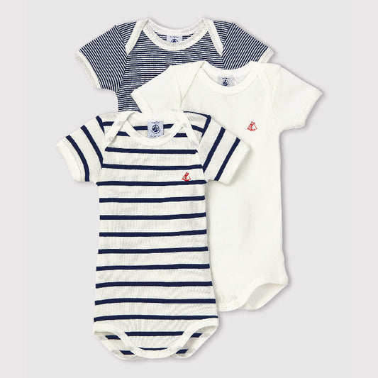 body korte mouw, 3-pack, wit/gestreept - PETIT BATEAU