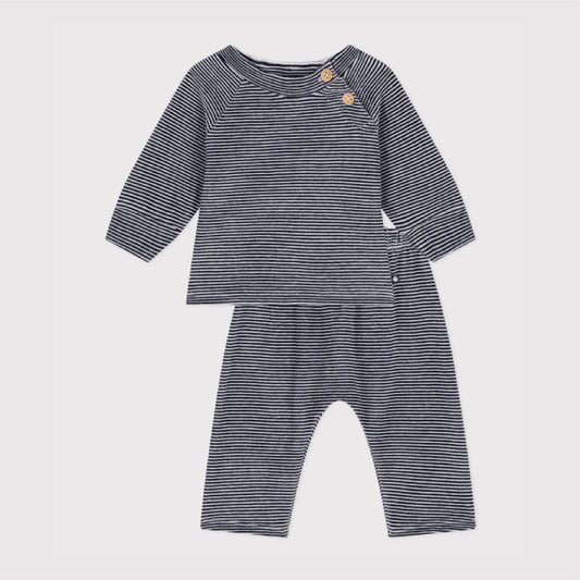 truitje + broek velours, blauw - PETIT BATEAU