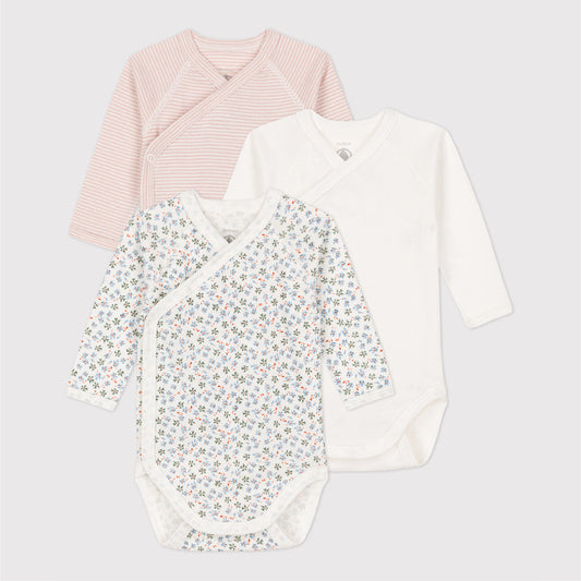 body lange mouw, 3-pack, roze streep/bloemen - PETIT BATEAU