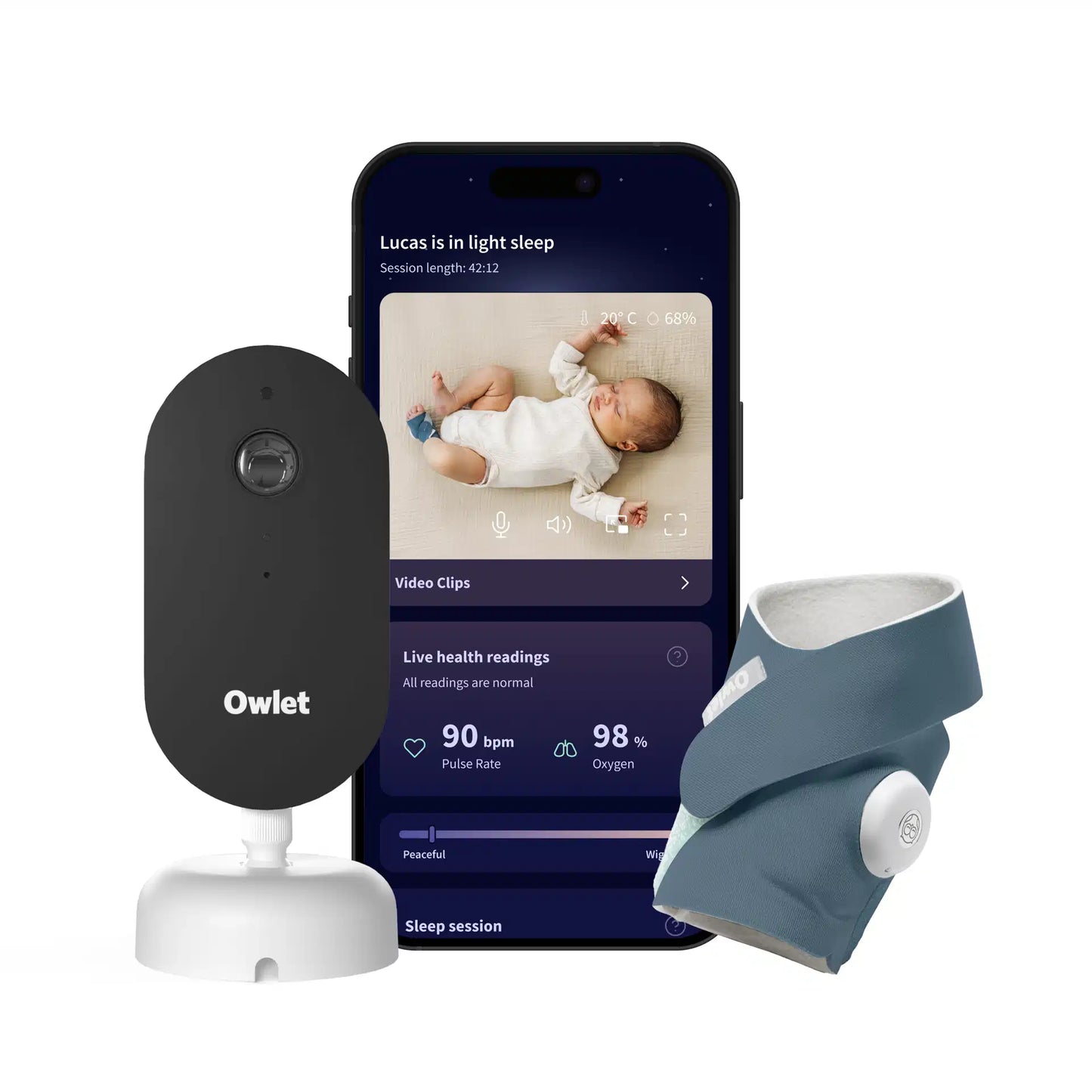 babyfoon dream duo, dream sock + cam dream sight, bedtime blue - OWLET